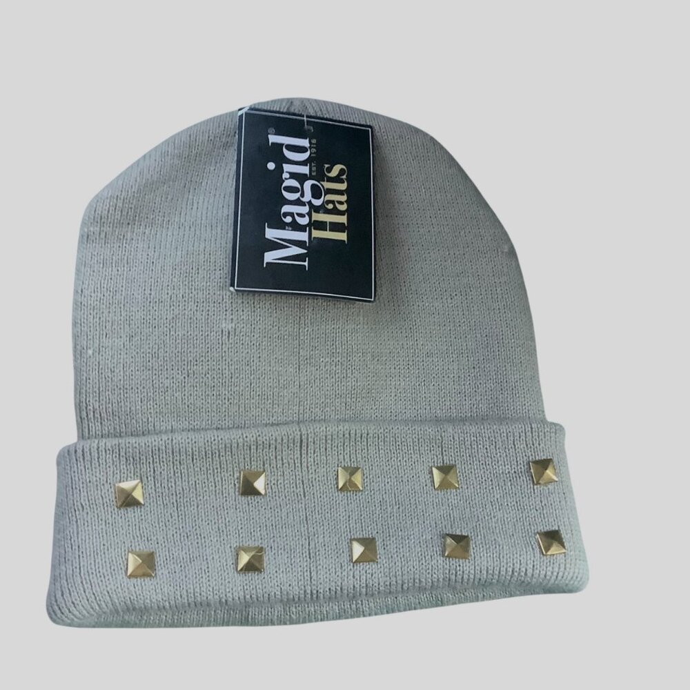 Studded Beige‎ Gray Knit Beanie Hat Magid Hats NEW NWT Gold Stud Accents